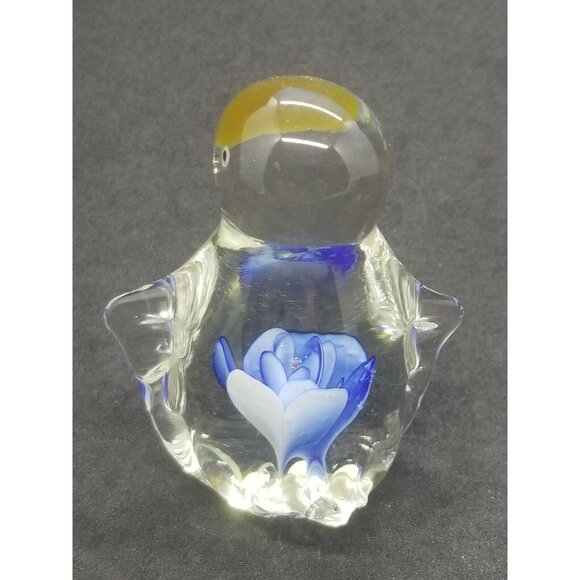 Hand Blown Art Glass Penguin with Blue Lamp Work Flower Inside - Picture 3 of 7